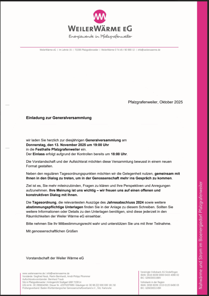 Einladung zur Generalversammlung